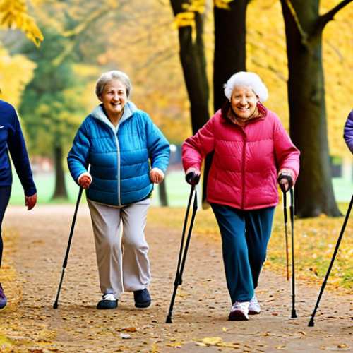 **Elderly woman happily participating in a Nordic walking group in a park, surrounded by autumn leaves. Focus on her energetic stride and the supportive poles. The background shows other seniors enjoying the activity. The overall tone is vibrant and healthy.**