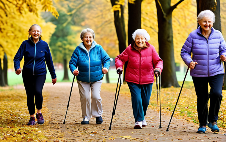 **Elderly woman happily participating in a Nordic walking group in a park, surrounded by autumn leaves. Focus on her energetic stride and the supportive poles. The background shows other seniors enjoying the activity. The overall tone is vibrant and healthy.**